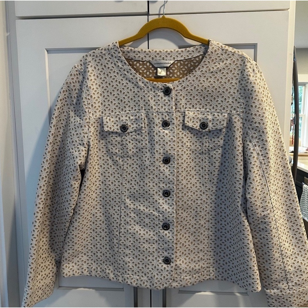 Christopher & Banks Women XL Tan White Eyelet Geometric Button Front Jacket